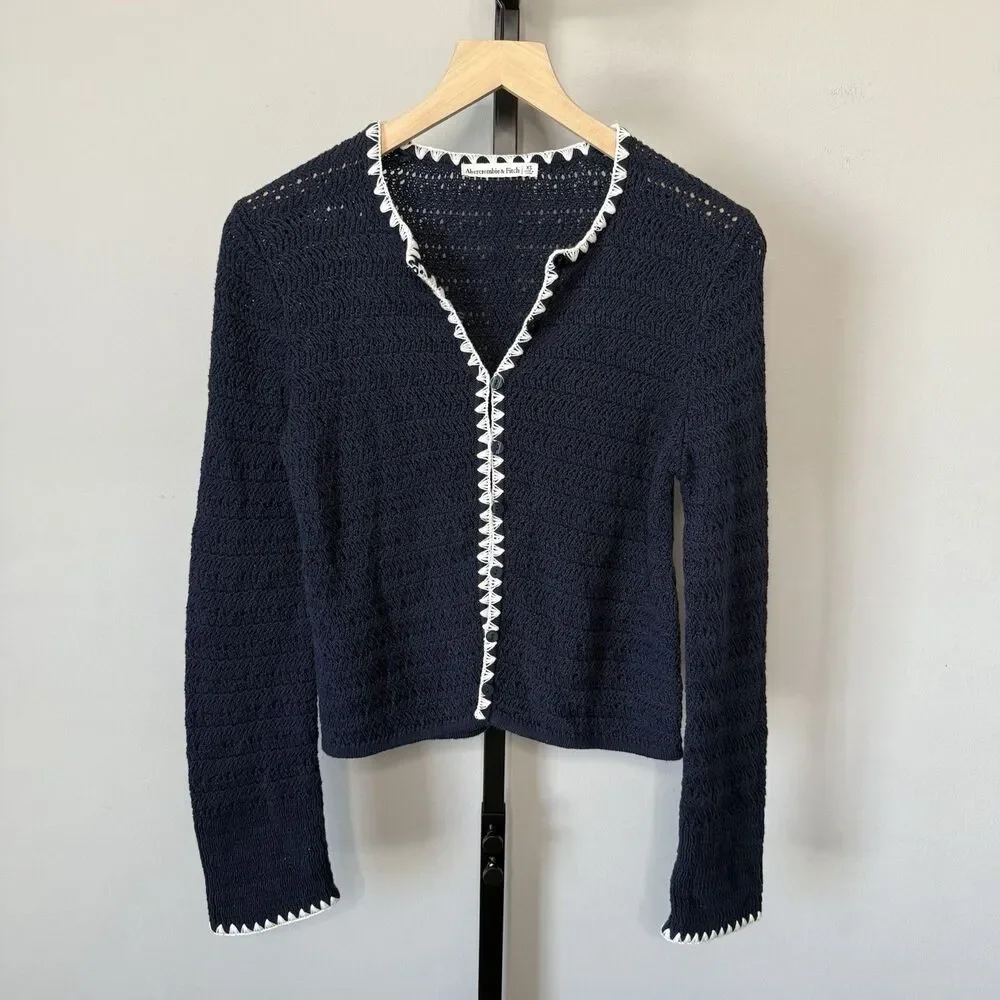 Abercrombie & Fitch Crochet Style Navy Crew Cardigan Size XS - Picture 2 of 6